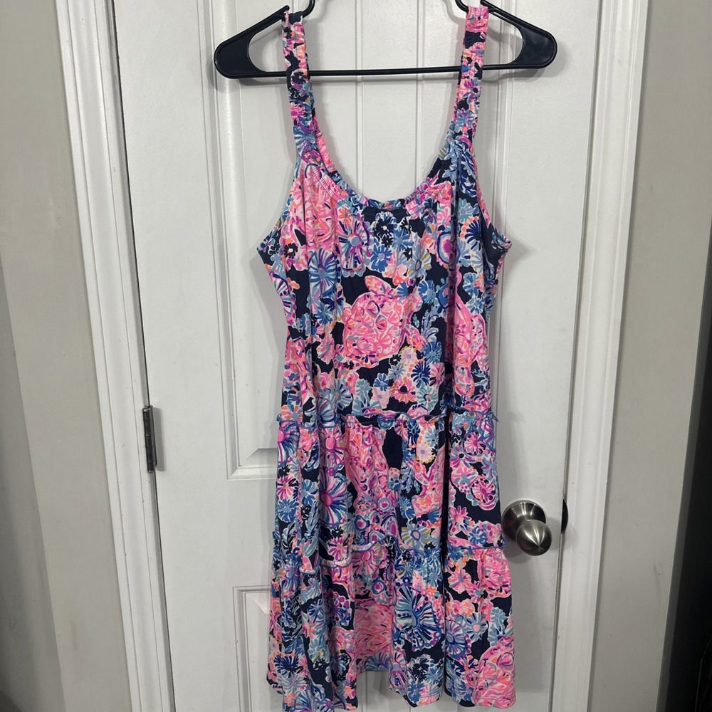 Lilly Pulitzer Loro Swing Dress Womens Sz M Blue High Tide Floral Pink Tiered - Picture 5 of 9